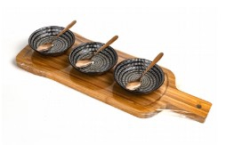WOODEN PLATTER 3 BOWLS B&W PATTERN