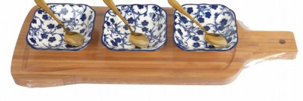 WOODEN PLATTER 3 SQUARE BOWL & SPOON