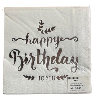 SERVIETTE SILVER FOIL HAPPY BIRTHDAY