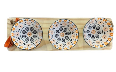 PLATTER WOOD 3 BOWLS ORANGE FLOWER