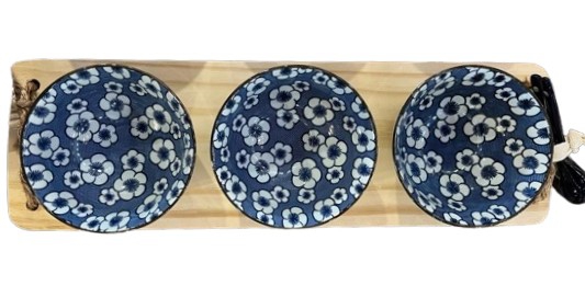 PLATTER WOOD 3 BOWLS WHITE FLOWERS, BLUE