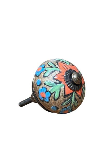 KNOB ROUND FLOWER BROWN WITH BLUE