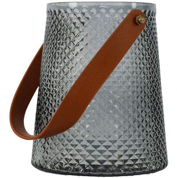 GLASS LANTERN LEATHER STRAP GREY 15X13CM