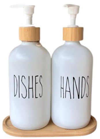 WASH SET GLASS WITH BAMBOO TRAY WHITE