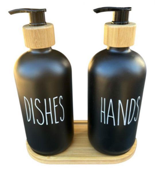 WASH SET GLASS WITH BAMBOO TRAY BLACK