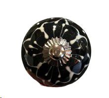 KNOB BLACK FINE WHITE FLOWER