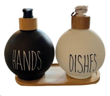 DISPENSER GLASS BAMBOO TRAY RND BLACK & WHITE SET