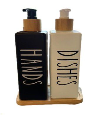 DISPENSER GLASS BAMBOO TRAY SQR BLACK & WHITE SET