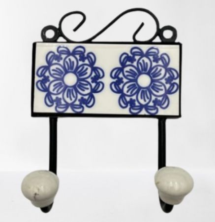 HANGER TILE BLUE WHITE 2 HOOKS 5x5