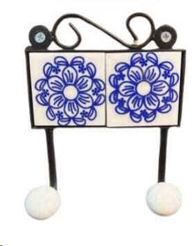 HANGER TILE BLUE WHITE 2 HOOKS 5x5
