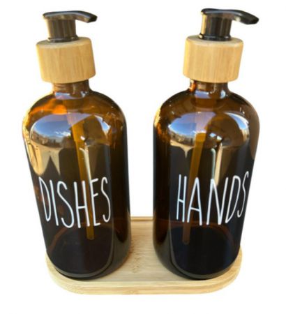 WASH SET GLASS WITH BAMBOO TRAY CLEAR BROWN