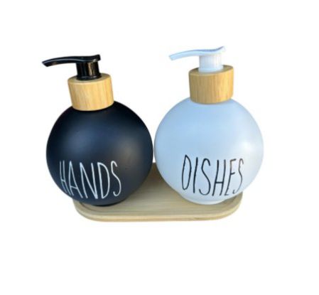 DISPENSER GLASS BAMBOO TRAY RND BLACK & WHITE SET