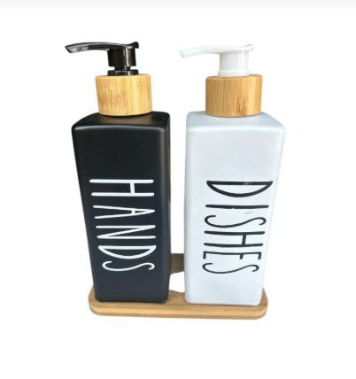 DISPENSER GLASS BAMBOO TRAY SQR BLACK & WHITE SET